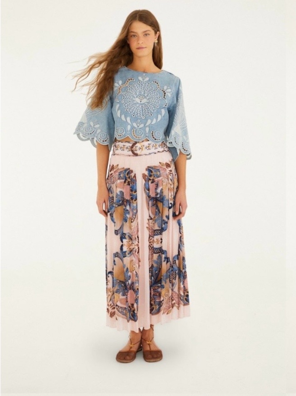 NWT - FARM Rio Soft Pink Sea Garden Scarf Pleated Maxi Skirt